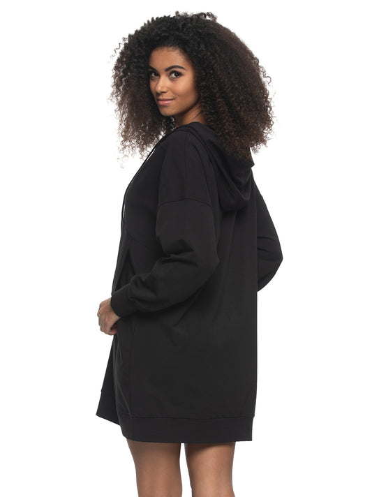 Kimora French Terry V-Neck Hoodie Sweatshirt Dress - Black