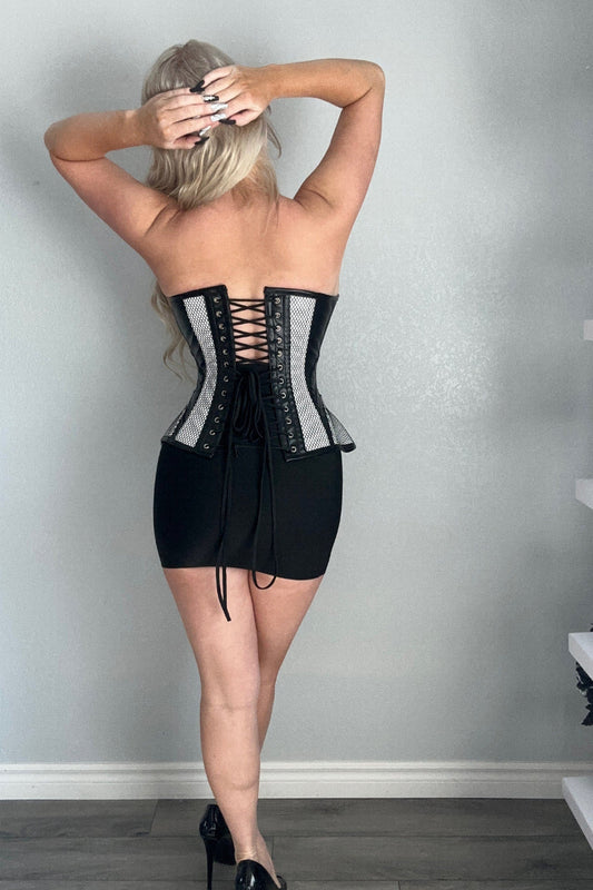 Black Metal Wire Boned PVC Front Zip Mesh Corset