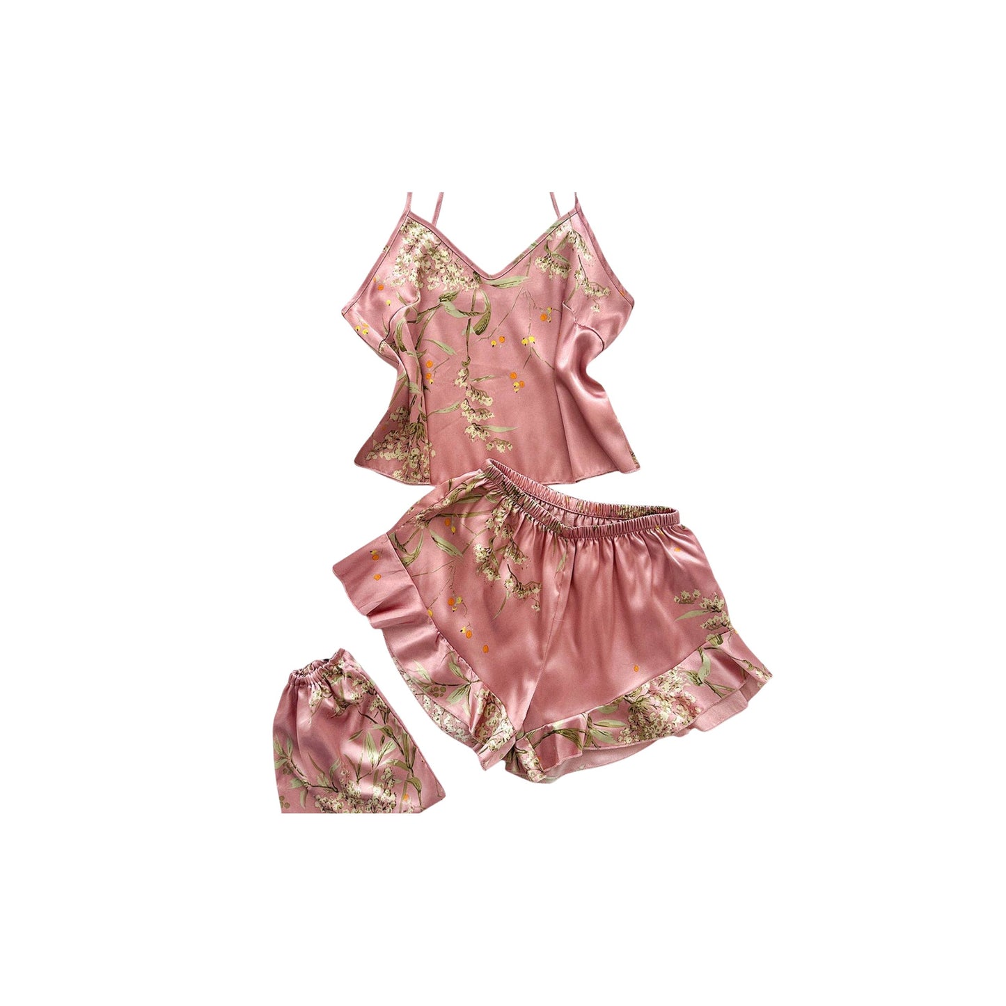 Floral Faux Silk Pajama Set - Pink