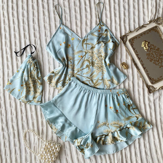 Floral Faux Silk Pajama Set - Light Green