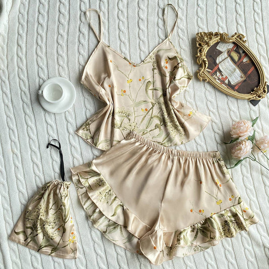 Floral Faux Silk Pajama Set - Champagne