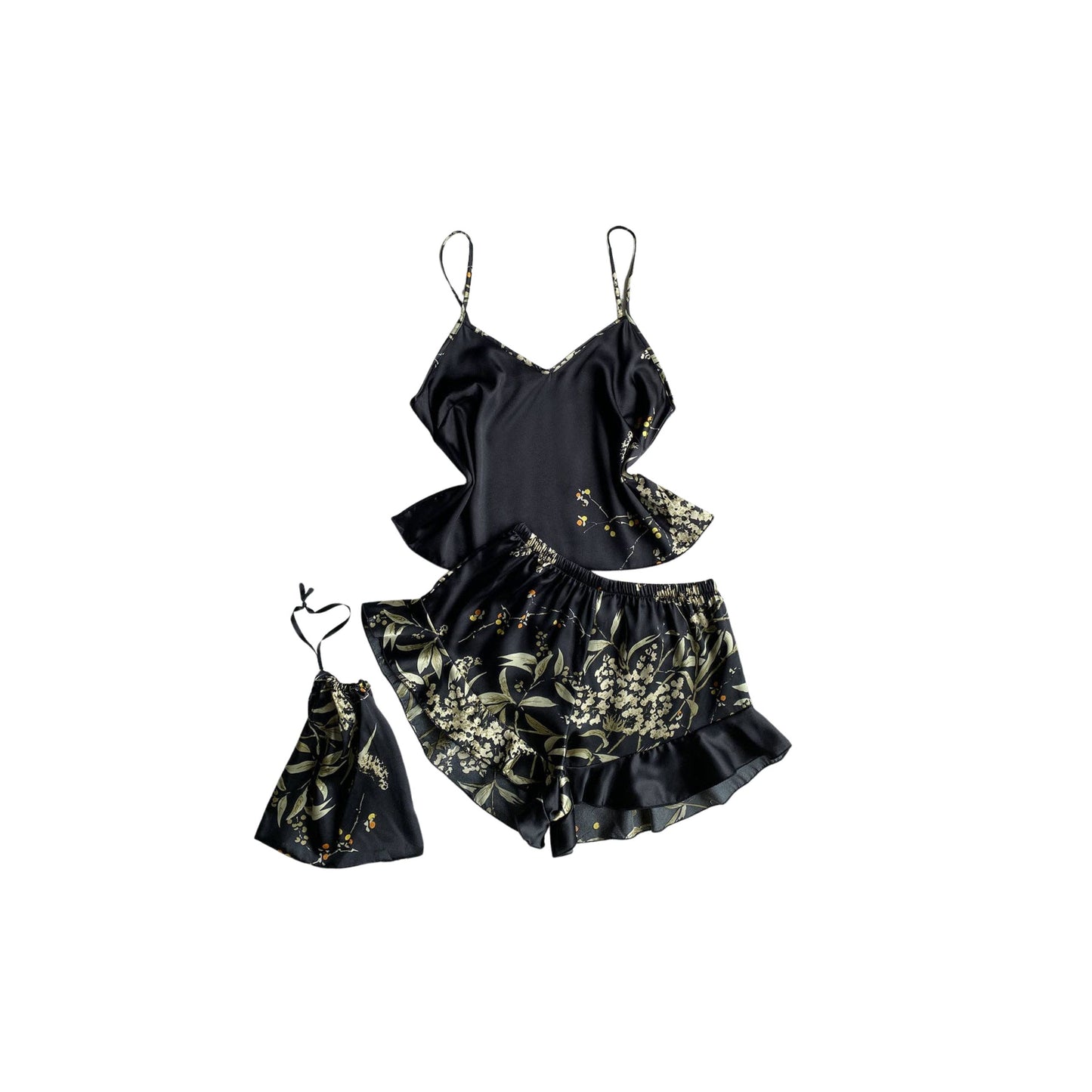 Floral Faux Silk Pajama Set - Black