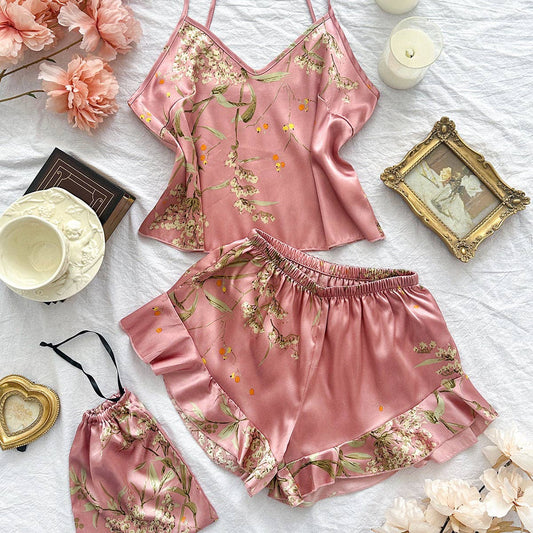 Floral Faux Silk Pajama Set - Pink