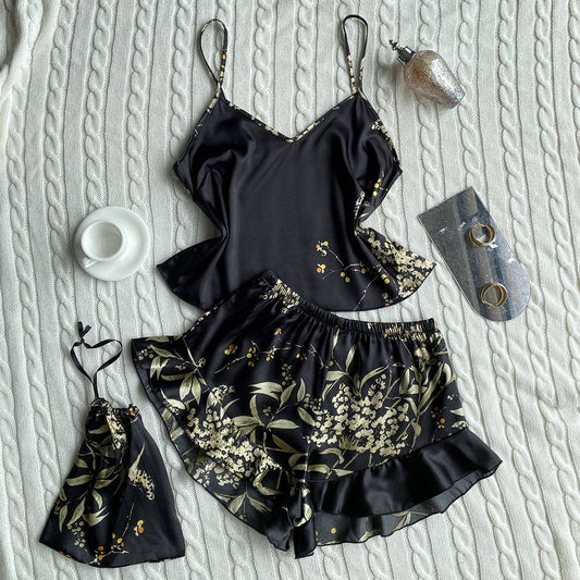 Floral Faux Silk Pajama Set - Black