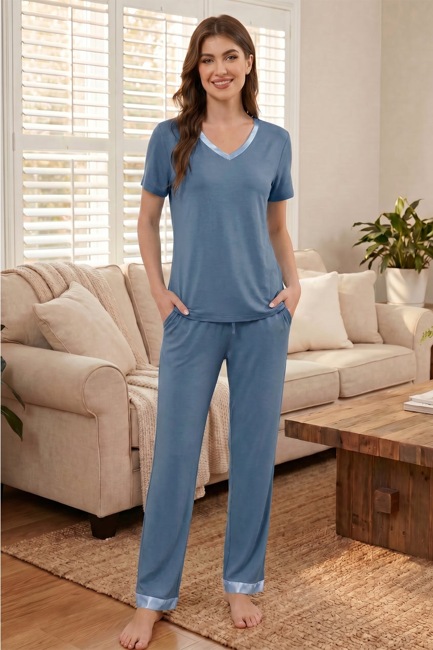 Bamboo Viscose V Neck Short-Sleeve Pants Set - Dusty Blue
