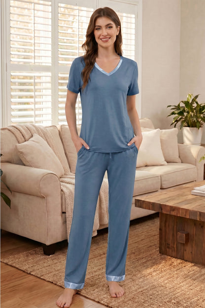 Bamboo Viscose V Neck Short-Sleeve Pants Set - Dusty Blue