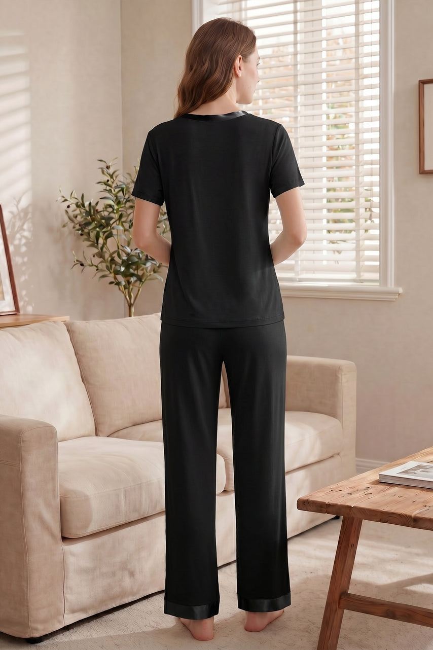 Bamboo Viscose V Neck Short-Sleeve Pants Set - Dusty Blue
