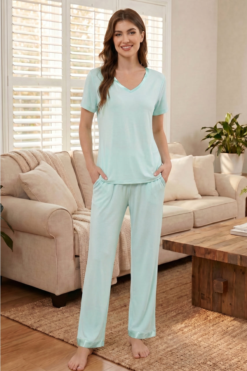 Bamboo Viscose V Neck Short-Sleeve Pants Set - Light Green