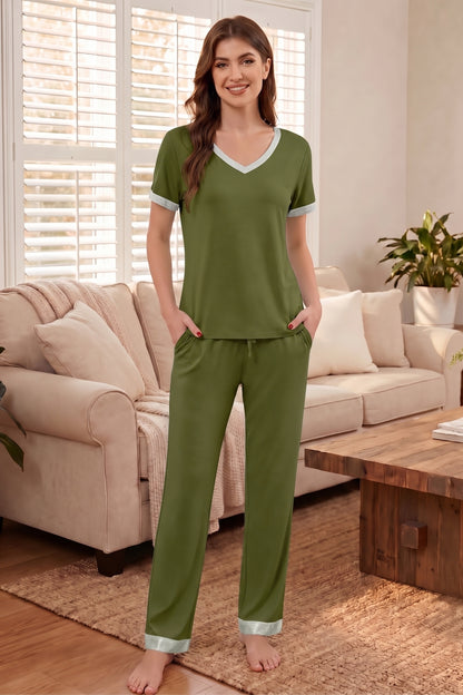 Bamboo Viscose V Neck Short-Sleeve Pants Set - Oliver Green