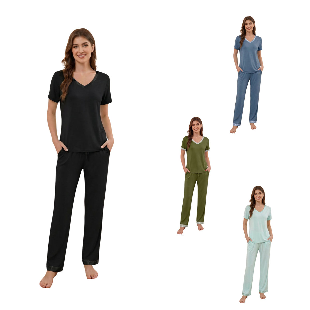 Bamboo Viscose V Neck Short-Sleeve Pants Set - Black