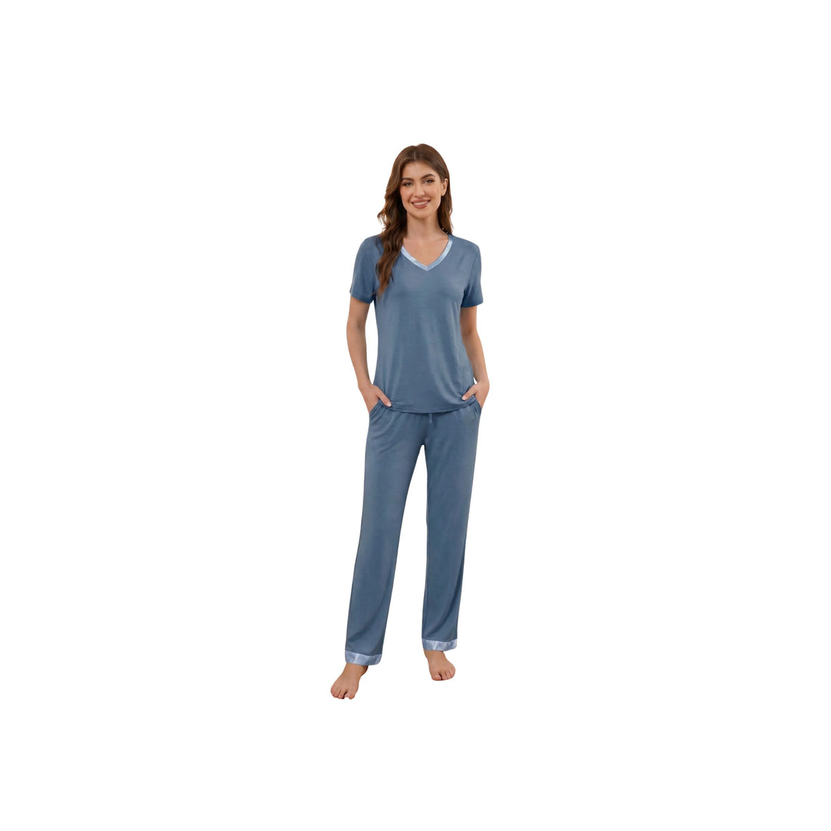 Bamboo Viscose V Neck Short-Sleeve Pants Set - Dusty Blue
