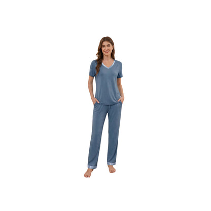 Bamboo Viscose V Neck Short-Sleeve Pants Set - Dusty Blue