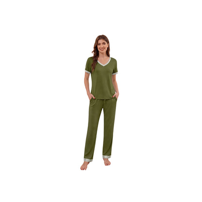 Bamboo Viscose V Neck Short-Sleeve Pants Set - Oliver Green