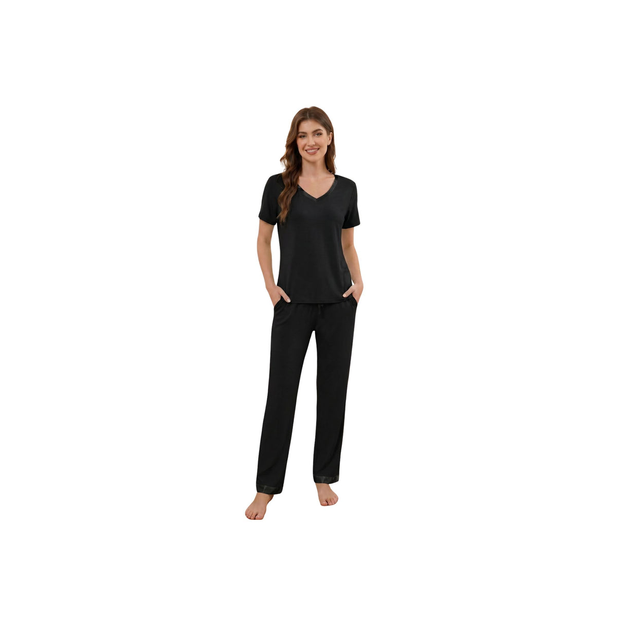 Bamboo Viscose V Neck Short-Sleeve Pants Set - Black