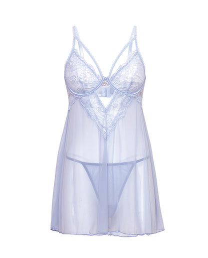 Elsie Lace & Mesh Underwire Babydoll w/G-String - Brunnera Blue