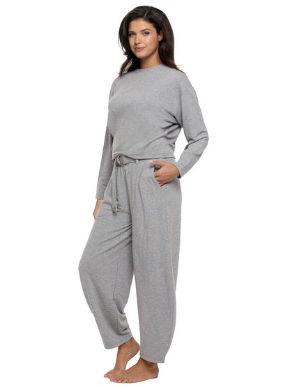 Emery Fleece Belted Barrel Pant Set - Heather Grey