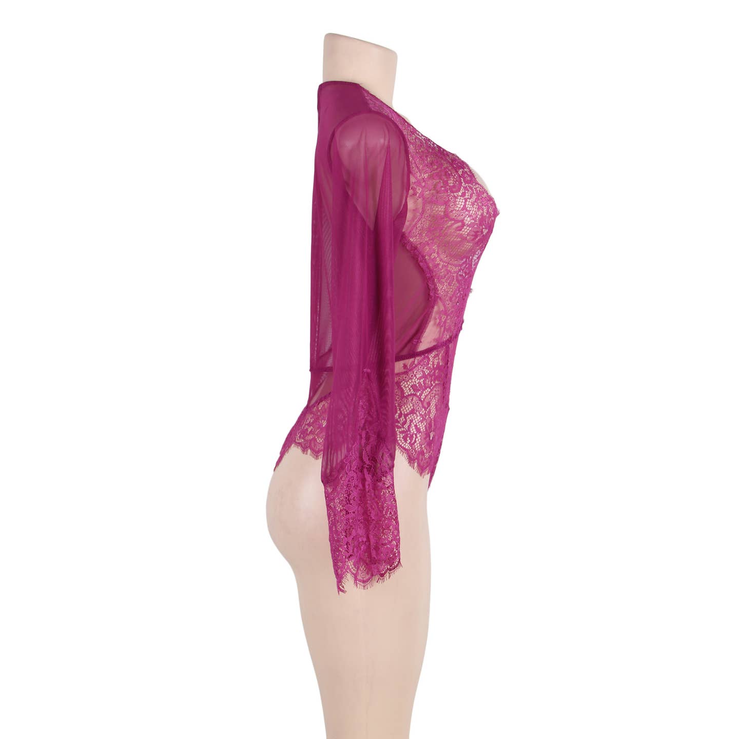 Long Sleeve Eyelash Lace Bodysuit Deep V Neckline