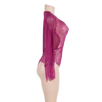Long Sleeve Eyelash Lace Bodysuit Deep V Neckline