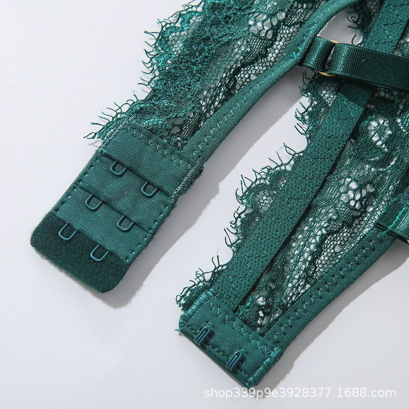 Eyelash Lace Bra Set W/Garters - Green