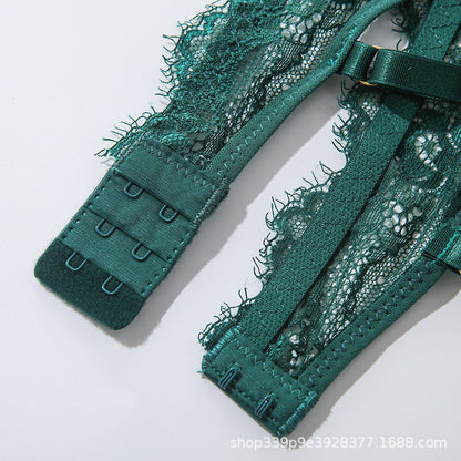 Eyelash Lace Bra Set W/Garters - Green