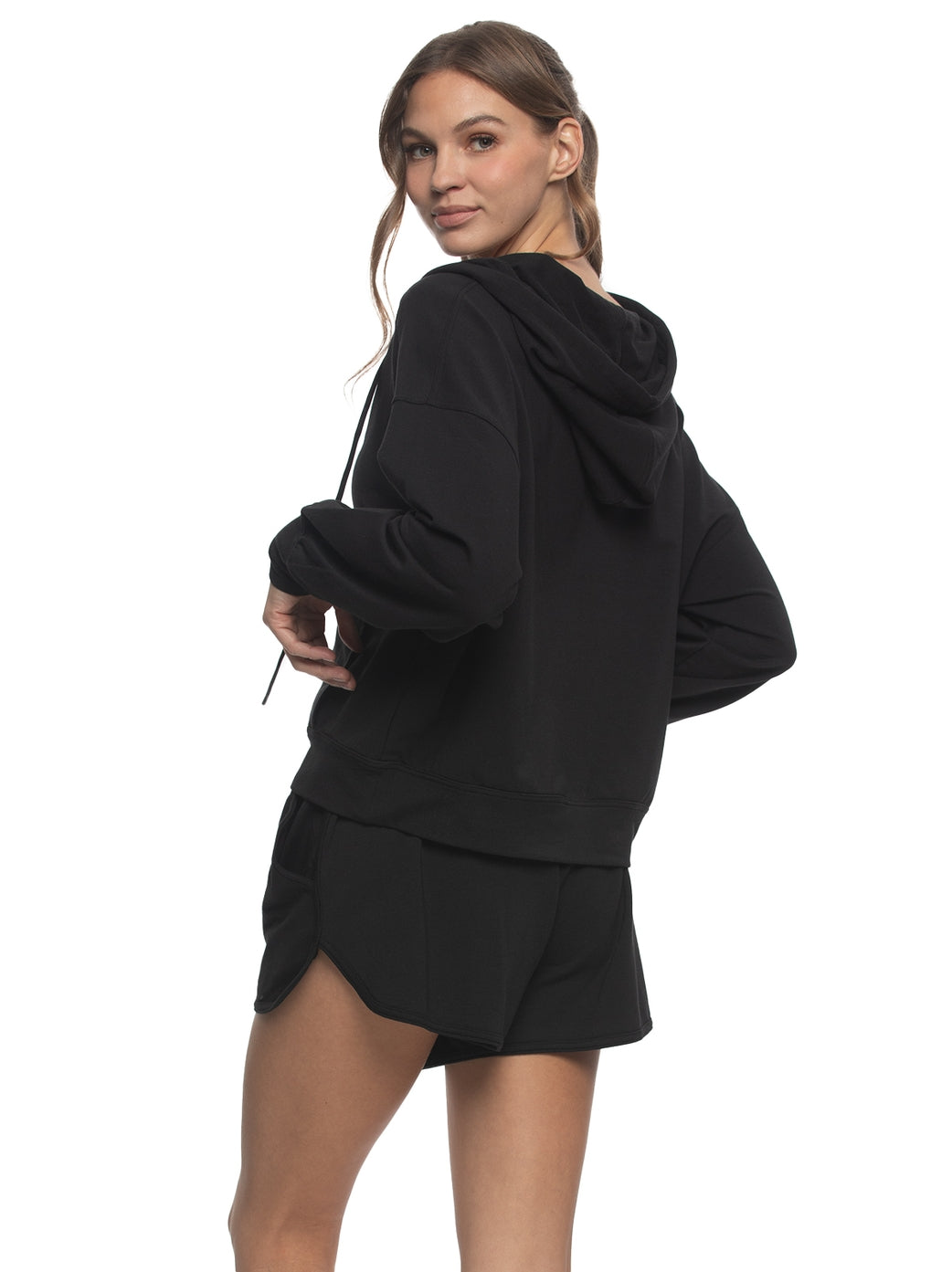 Kimora V-Neck Hoodie & Short Set - Black