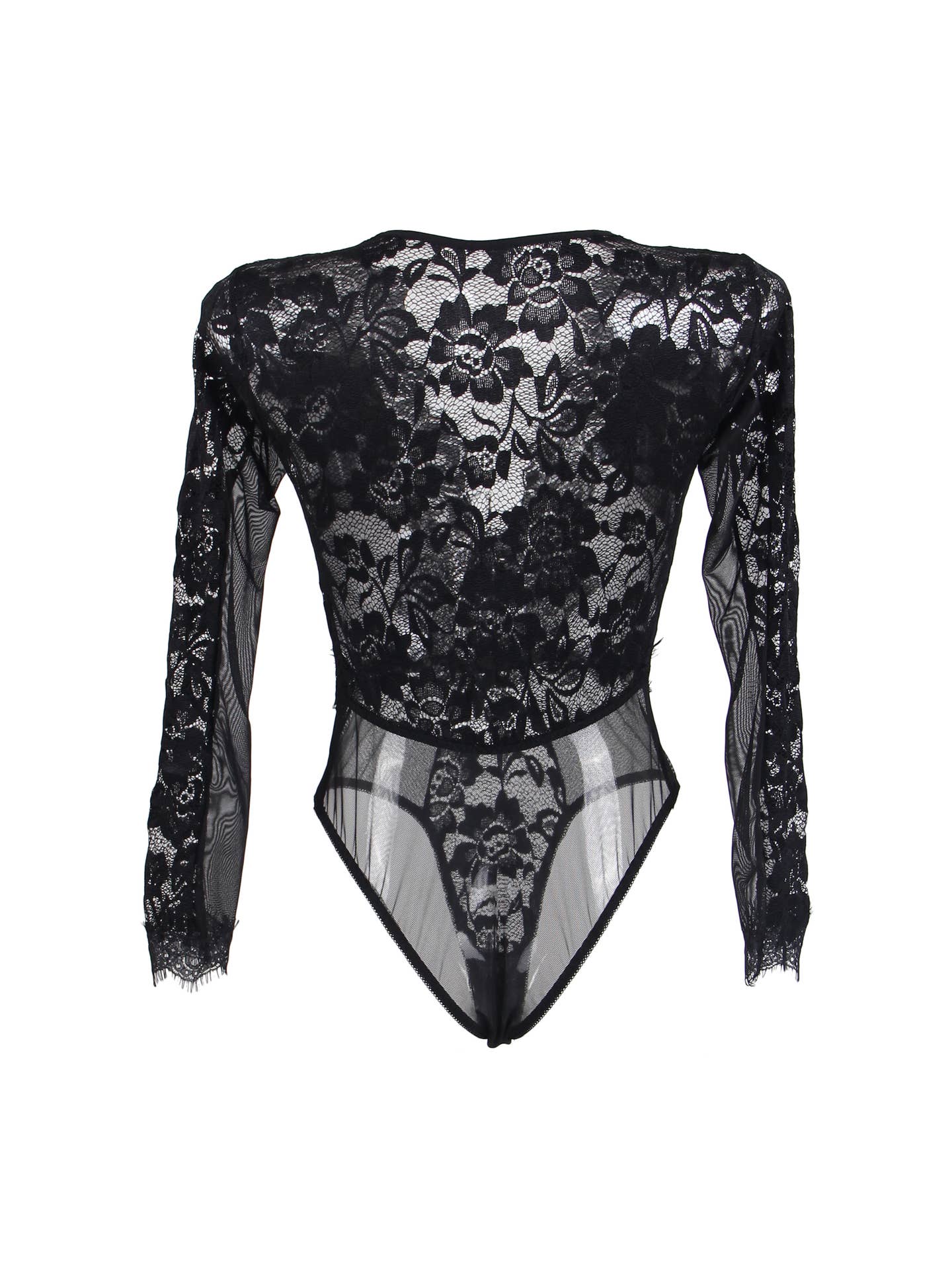 Deep Plunge Lace Long Sleeve Body Suit - Black