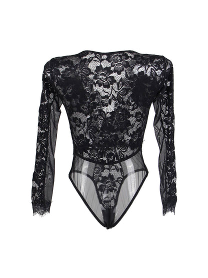 Deep Plunge Lace Long Sleeve Body Suit - Black