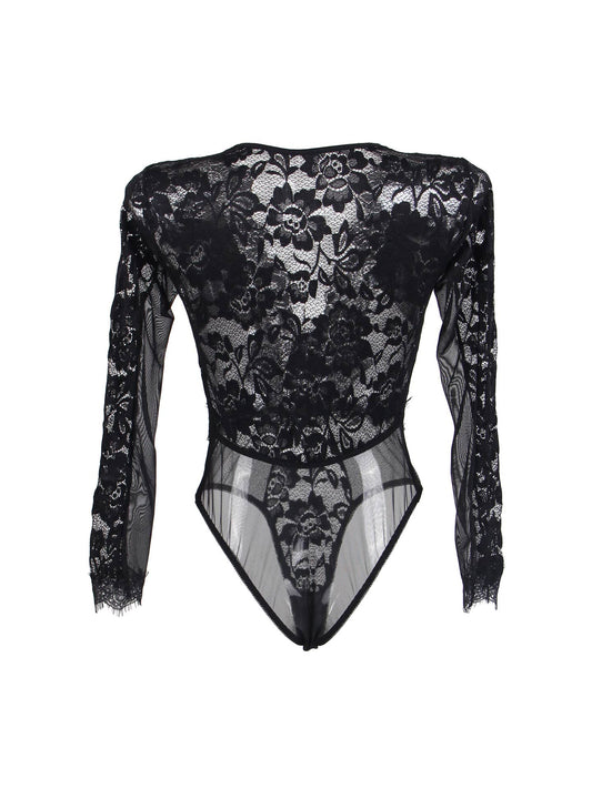 Deep Plunge Lace Long Sleeve Body Suit - Black