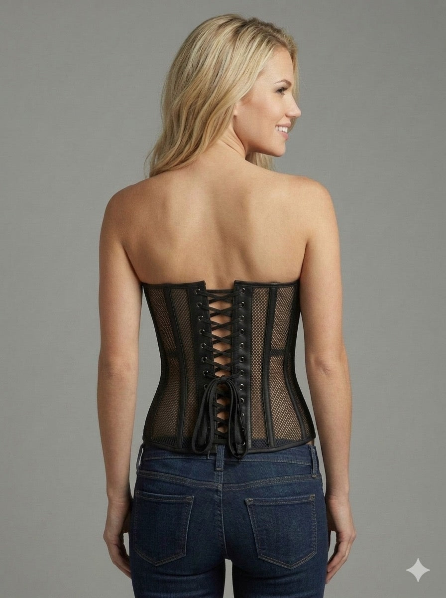 Black Fishnet Front Zip Wire Metal Corset