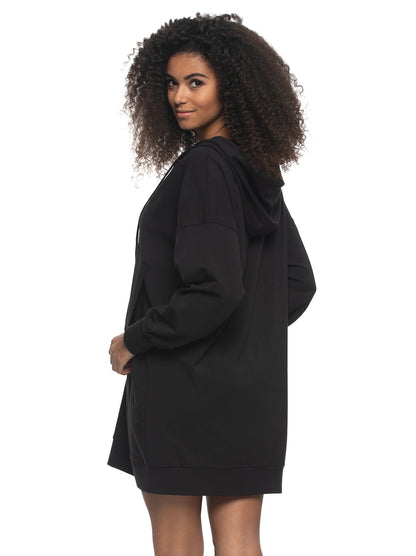 Kimora French Terry V-Neck Hoodie Sweatshirt Dress - Black