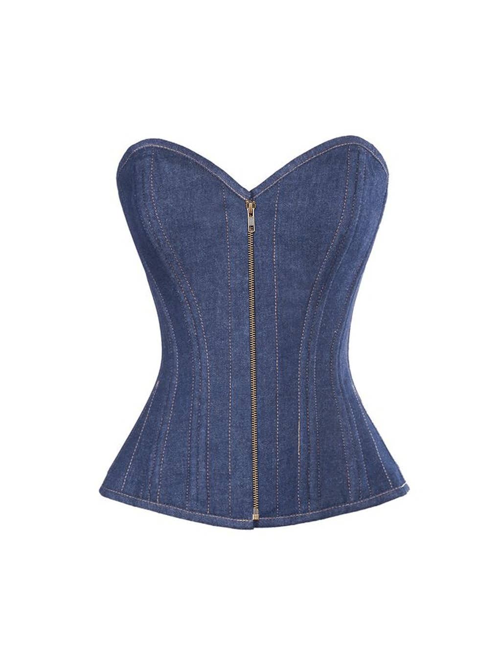 Denim Front Zip Corset with Wire Boning w/ Lace Up