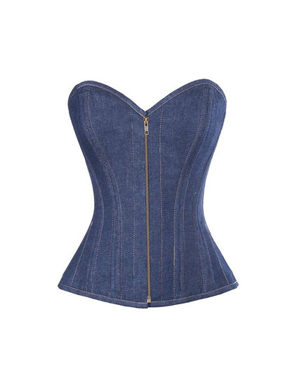 Denim Front Zip Corset with Wire Boning w/ Lace Up