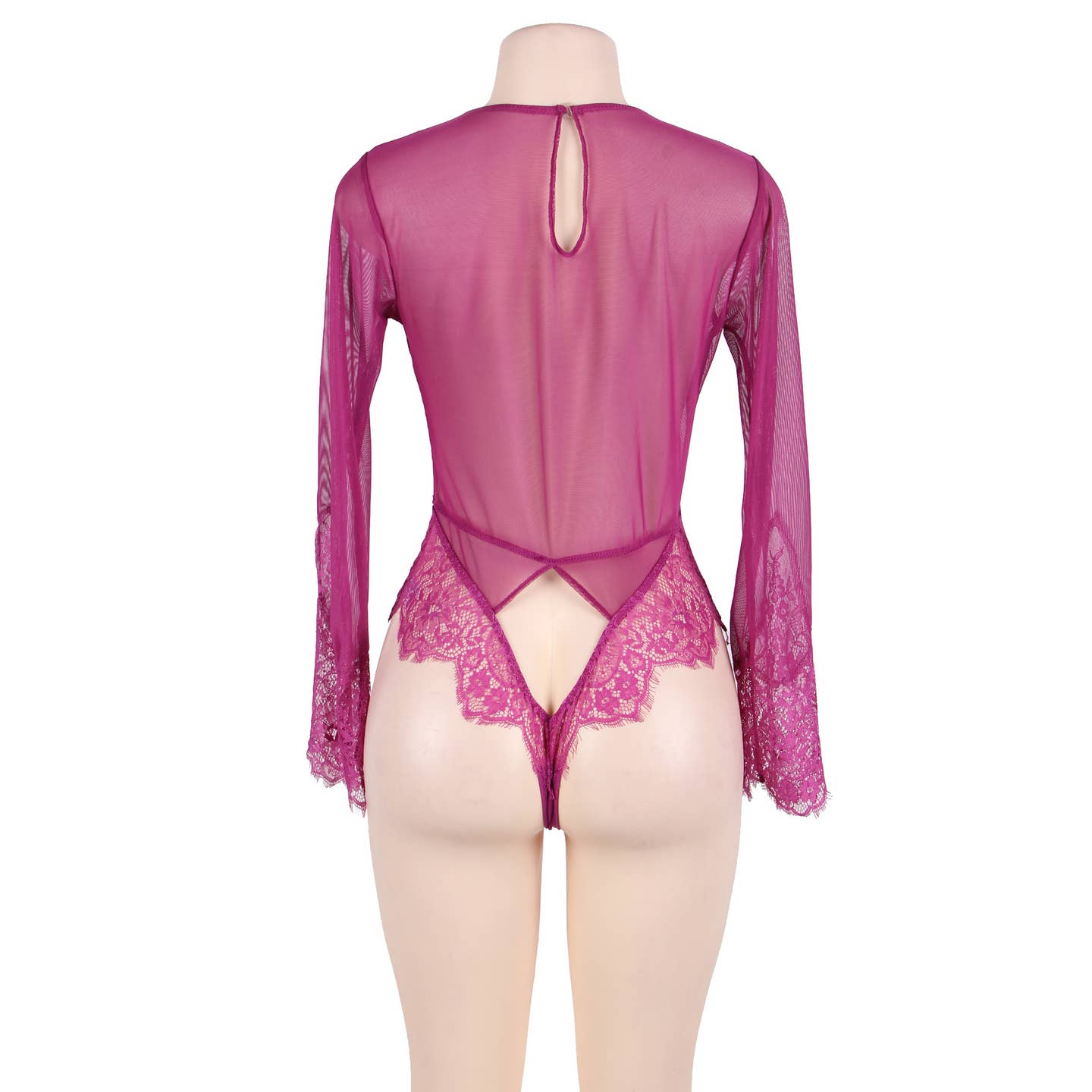 Long Sleeve Eyelash Lace Bodysuit Deep V Neckline