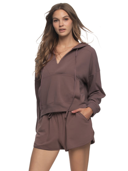 Kimora V-Neck Hoodie & Short Set - Deep Taupe