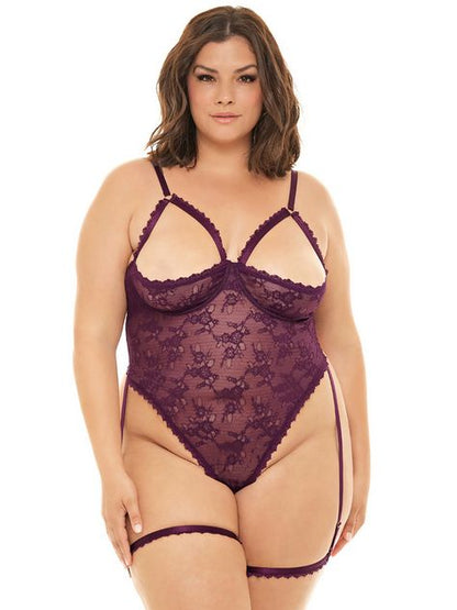 Elayne Purple Open-Cup Crotchless Lace Teddy with Garter Straps