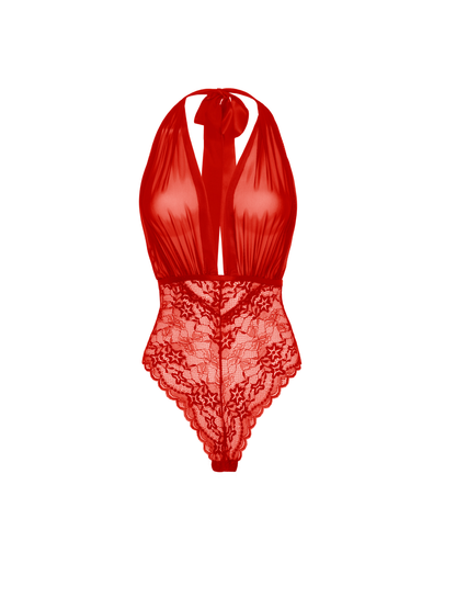 Aria Plunge Halter Teddy - Red