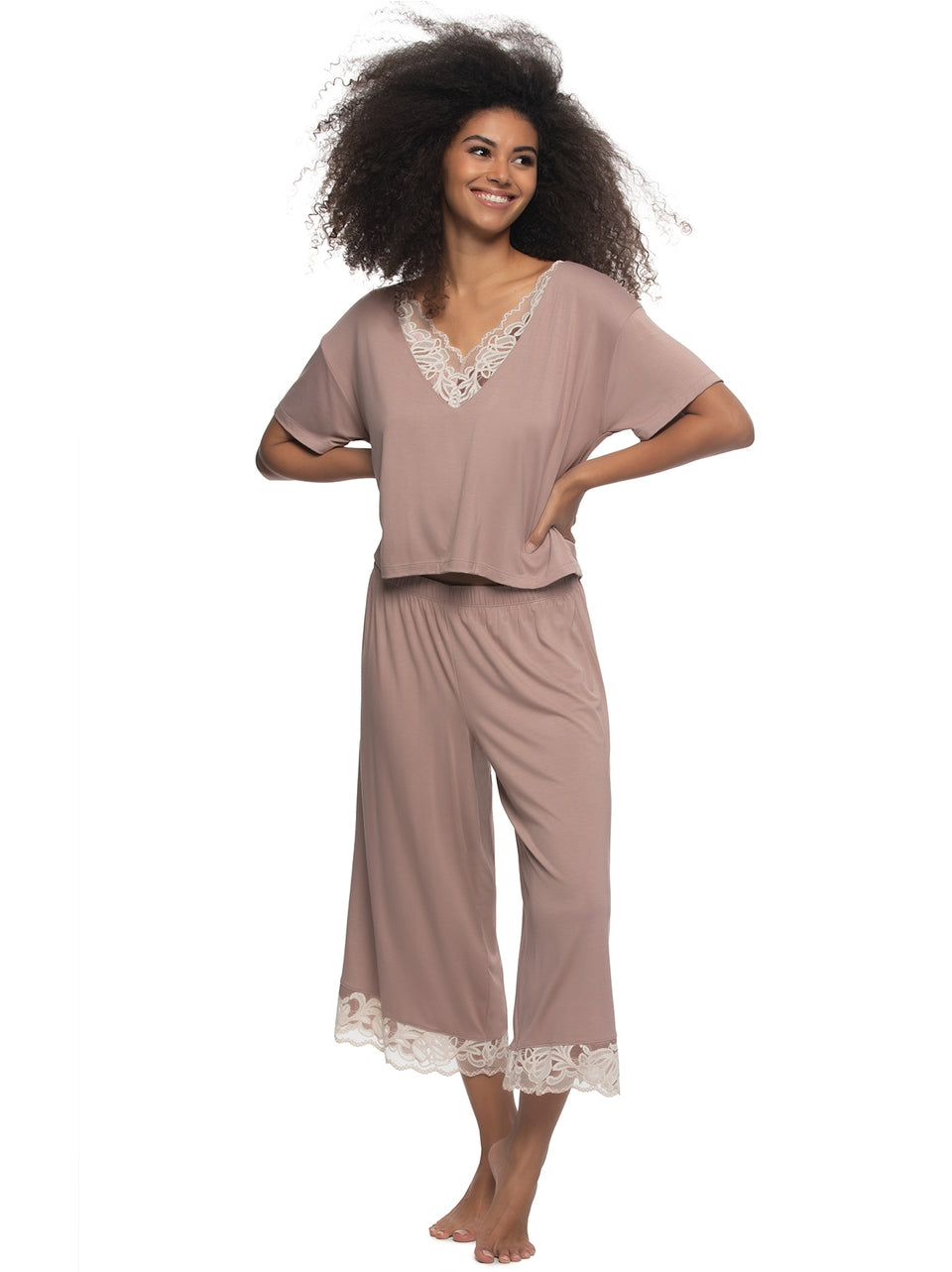 Amelie Vintage Lace Cropped Tee and Pants - Dried Petal