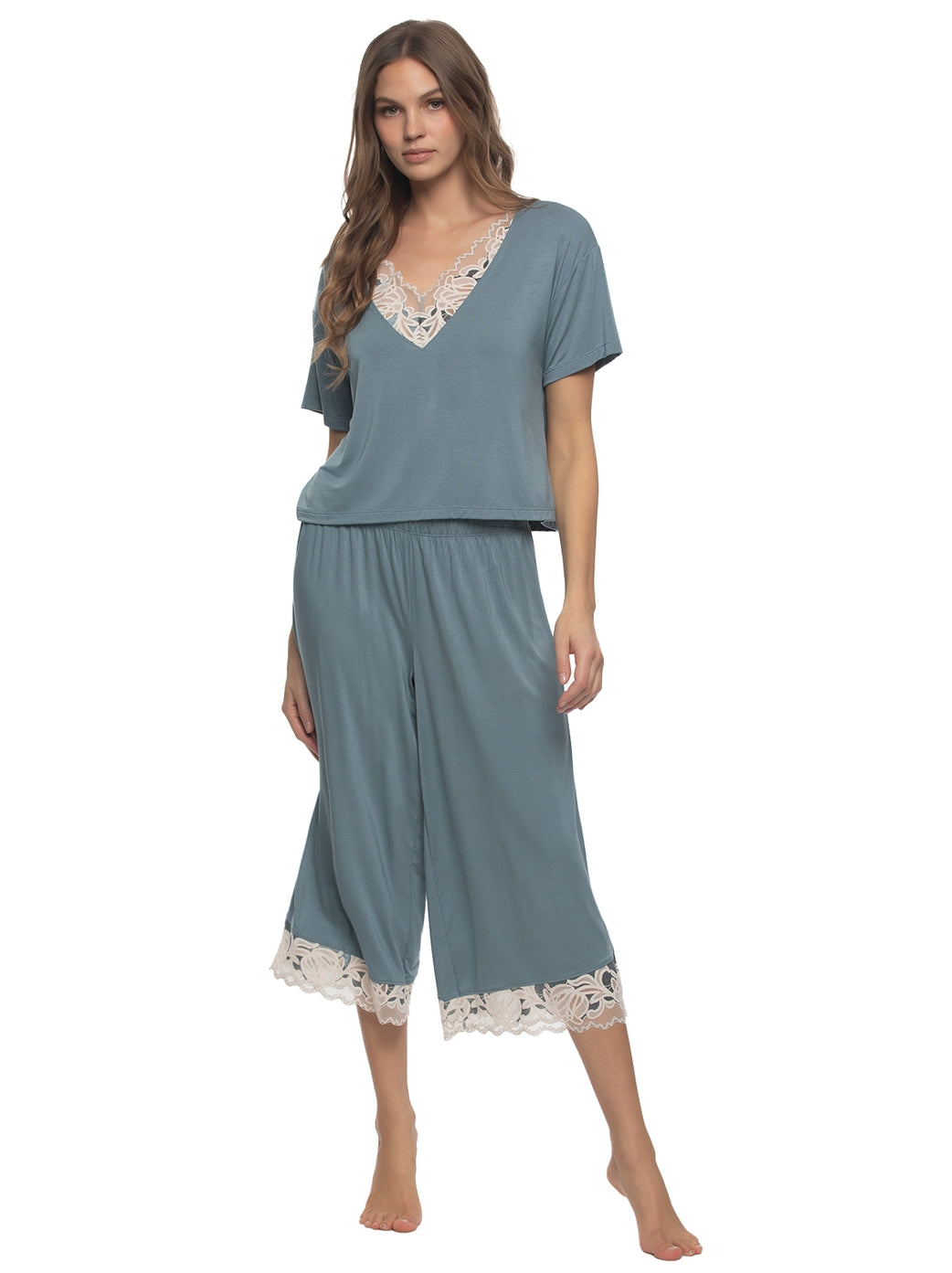 Amelie Vintage Lace Cropped Tee and Pants - Stormy Blue