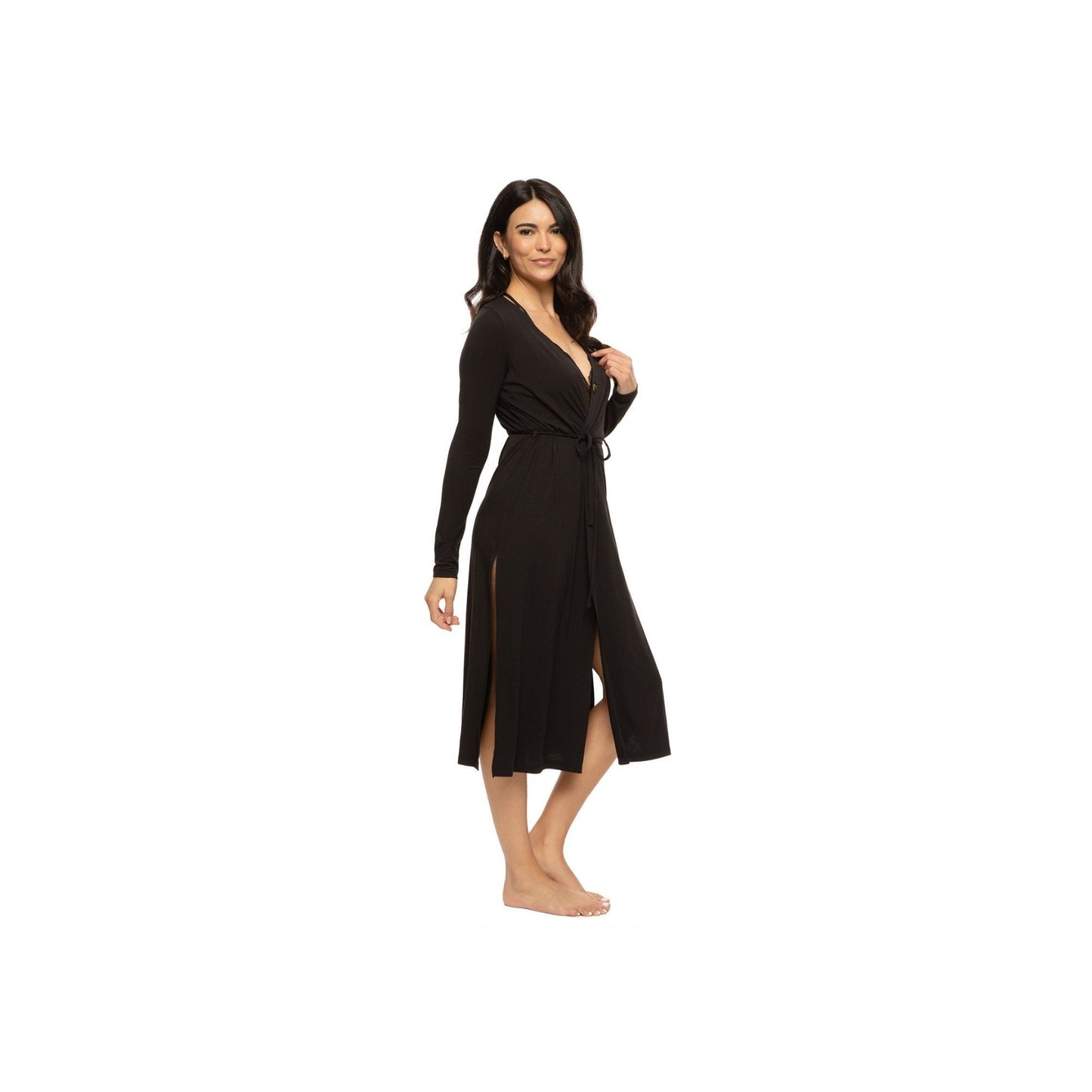 Lena Modal Linen Blend Cardigan Robe - Black