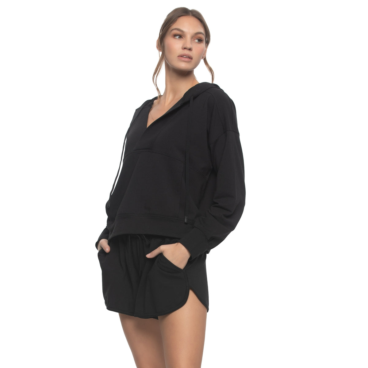 Kimora V-Neck Hoodie & Short Set - Black