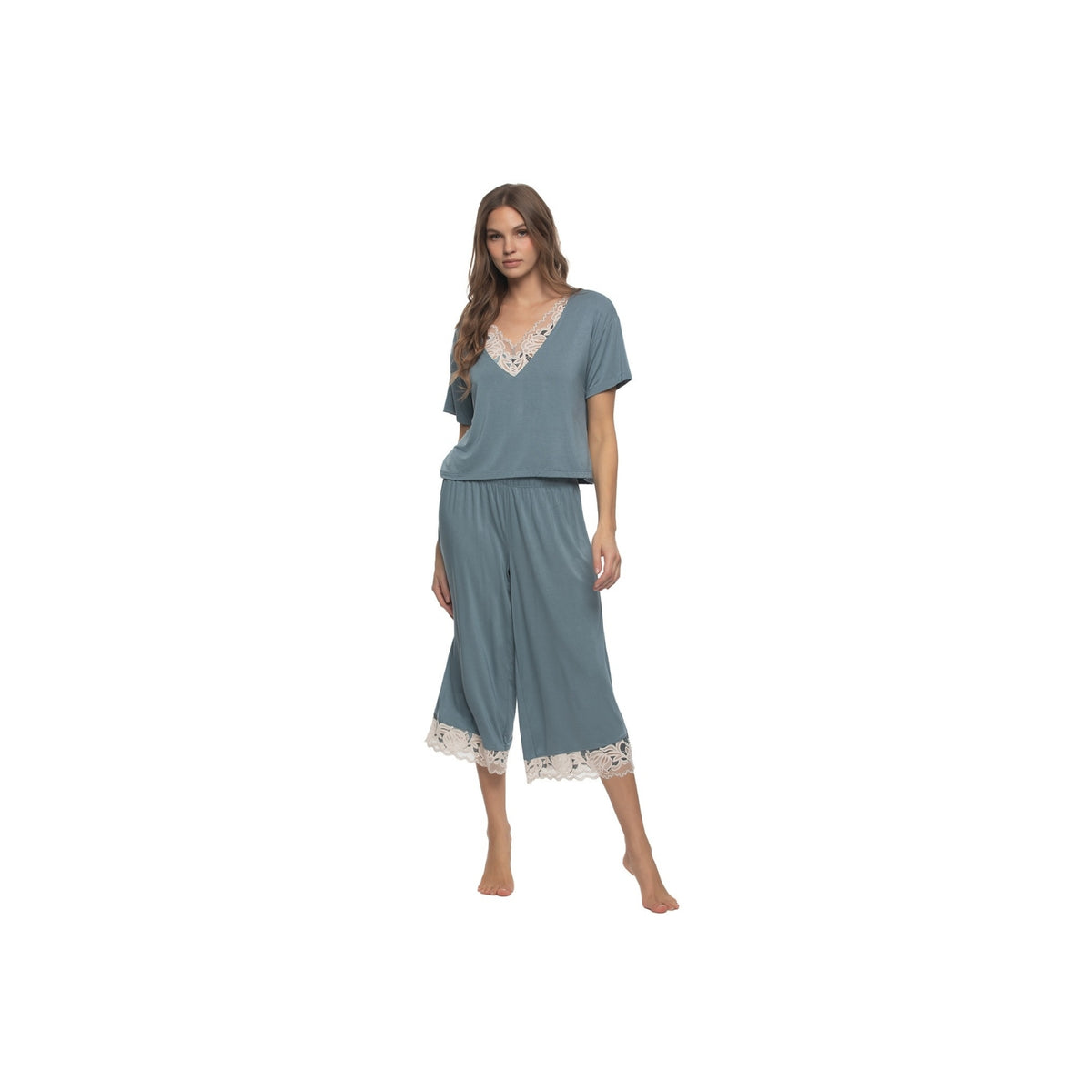 Amelie Vintage Lace Cropped Tee and Pants - Stormy Blue
