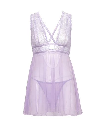 Stassi Lace & Mesh Babydoll w/G-String 2 pc Set - Lavender