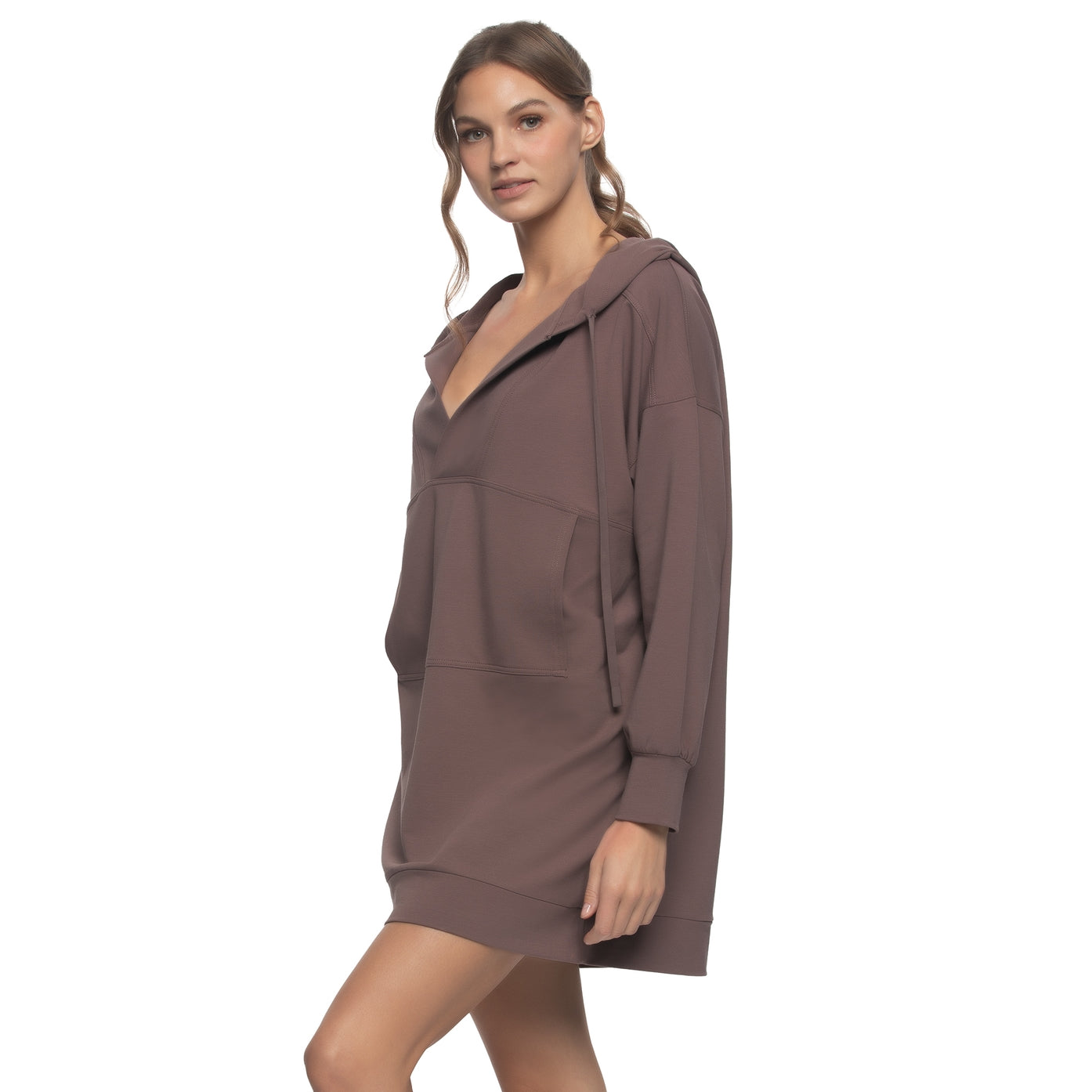 Kimora French Terry V-Neck Hoodie Sweatshirt Dress - Dptaupe
