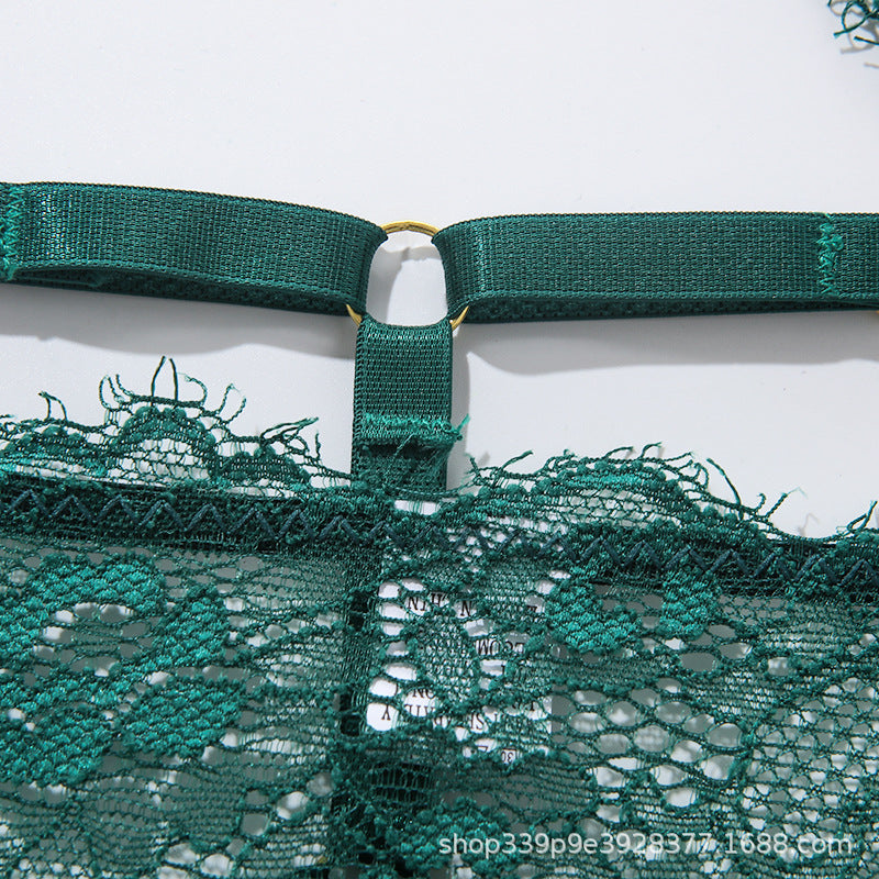 Eyelash Lace Bra Set W/Garters - Green