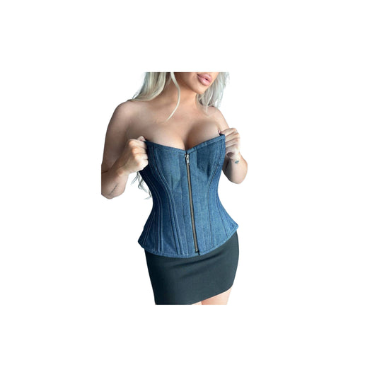 Denim Front Zip Corset with Wire Boning w/ Lace Up