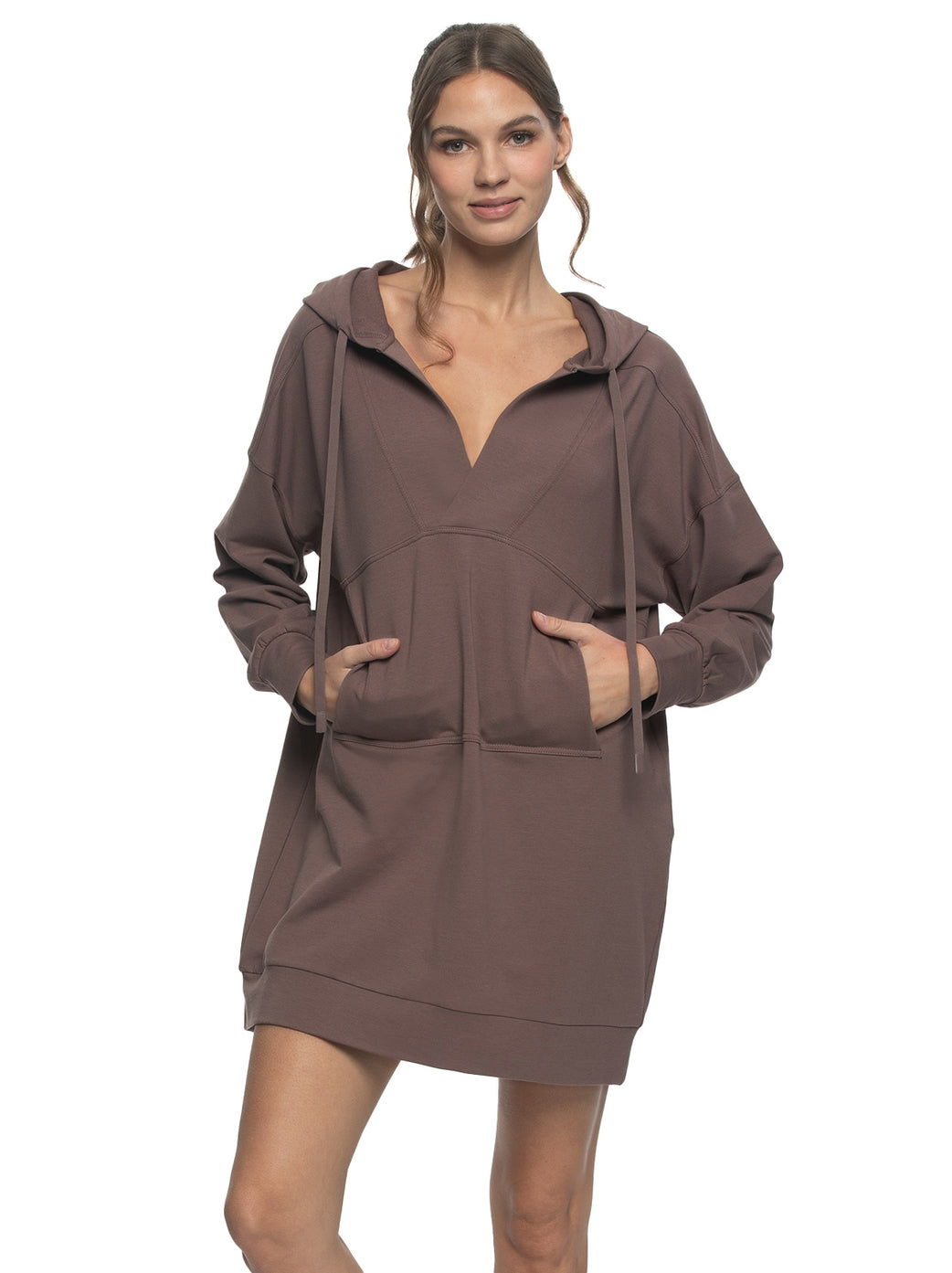 Kimora French Terry V-Neck Hoodie Sweatshirt Dress - Dptaupe