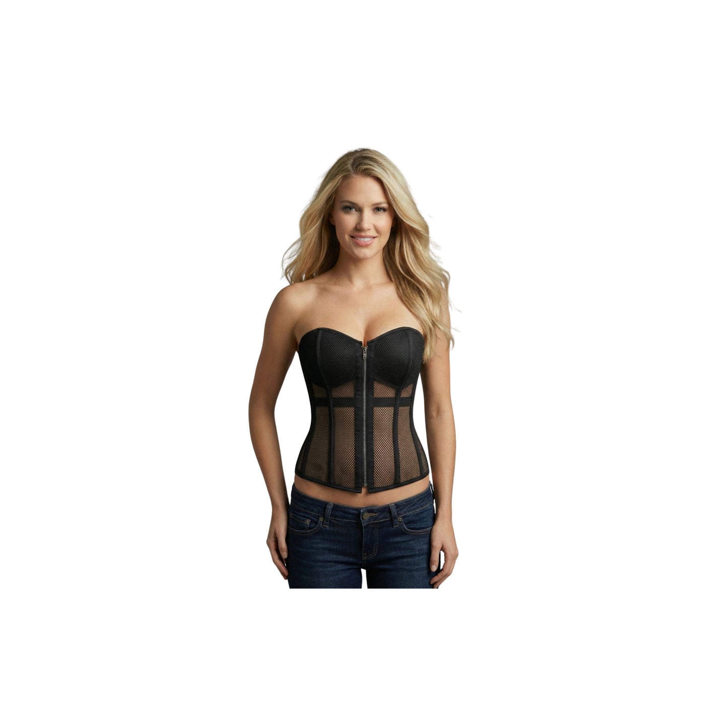 Black Fishnet Front Zip Wire Metal Corset