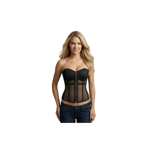 Black Fishnet Front Zip Wire Metal Corset