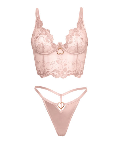 Clarissa Embroidered Bustier w/G-String 2 pc Set - Pink