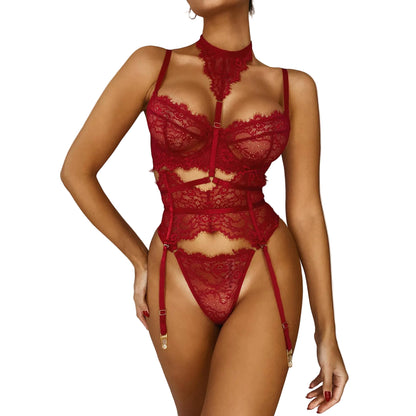 Eyelash Lace Bra Set W/Garters - Red